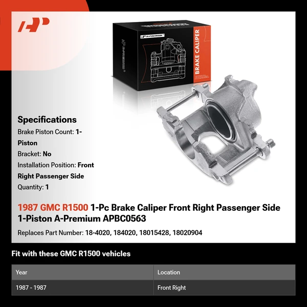 1987 GMC R1500 1-Pc Brake Caliper Front Right Passenger Side 1-Piston A-Premium APBC0563