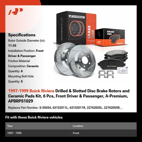 1997-1999 Buick Riviera Drilled & Slotted Disc Brake Rotors and Ceramic Pads Kit, 6 Pcs, Front Driver & Passenger, A-Premium, APBRPS1029