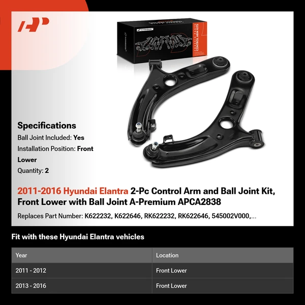 2011-2016 Hyundai Elantra 2-Pc Control Arm and Ball Joint Kit, Front Lower with Ball Joint A-Premium APCA2838