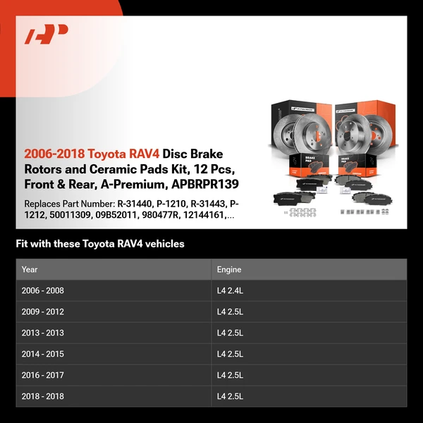 2006-2018 Toyota RAV4 Disc Brake Rotors and Ceramic Pads Kit, 12 Pcs, Front & Rear, A-Premium, APBRPR139