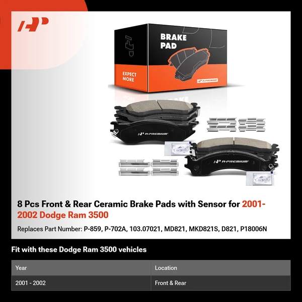8 Pcs Front & Rear Ceramic Brake Pads with Sensor for 2001-2002 Dodge Ram 3500