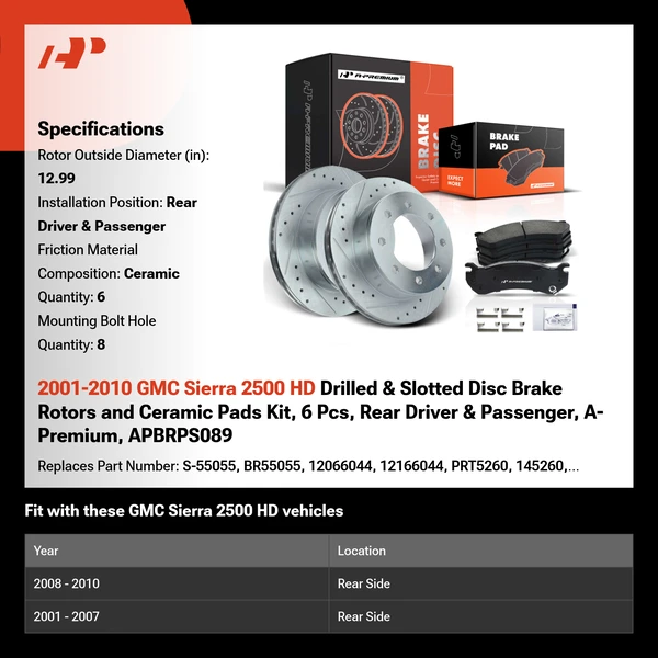 2001-2010 GMC Sierra 2500 HD Drilled & Slotted Disc Brake Rotors and Ceramic Pads Kit, 6 Pcs, Rear Driver & Passenger, A-Premium, APBRPS089