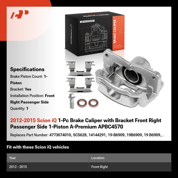 2012-2015 Scion iQ 1-Pc Brake Caliper with Bracket Front Right Passenger Side 1-Piston A-Premium APBC4570