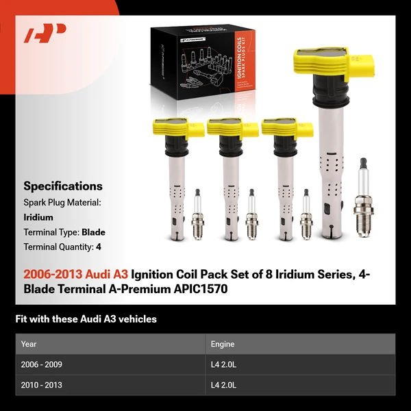 2006-2013 Audi A3 Ignition Coil Pack Set of 8 Iridium Series, 4-Blade Terminal A-Premium APIC1570