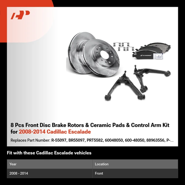8 Pcs Front Disc Brake Rotors & Ceramic Pads & Control Arm Kit for 2008-2014 Cadillac Escalade