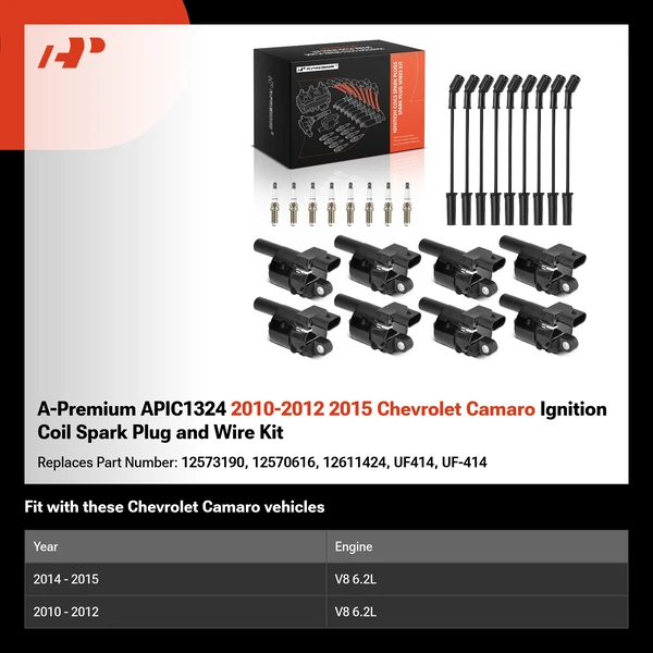 A-Premium APIC1324 2010-2012 2015 Chevrolet Camaro Ignition Coil Spark Plug and Wire Kit