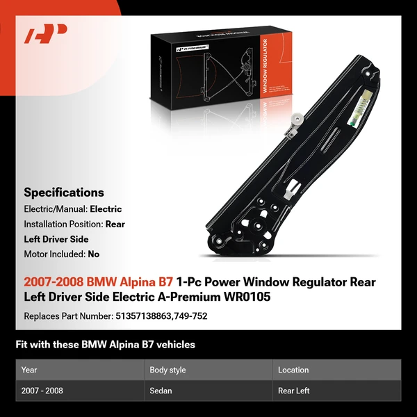 2007-2008 BMW Alpina B7 1-Pc Power Window Regulator Rear Left Driver Side Electric A-Premium WR0105