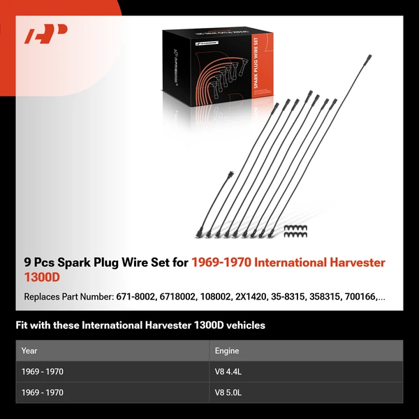 9 Pcs Spark Plug Wire Set for 1969-1970 International Harvester 1300D