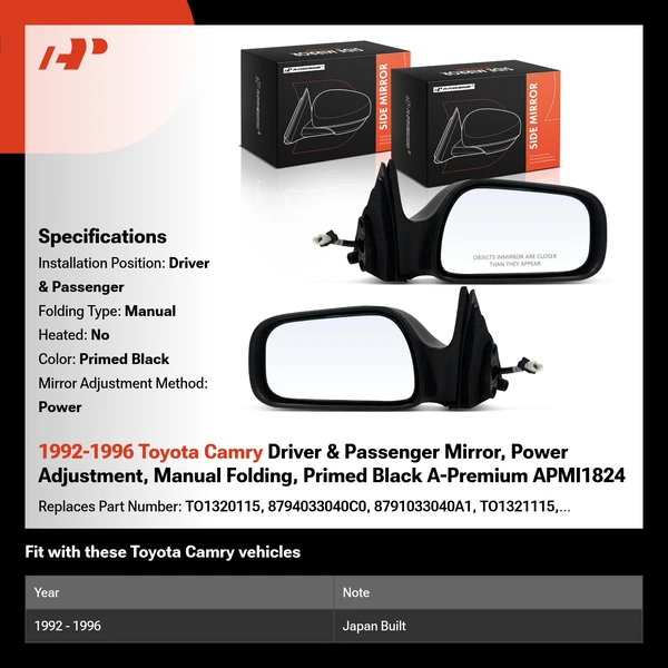 1992-1996 Toyota Camry Driver & Passenger Mirror, Power Adjustment, Manual Folding, Primed Black A-Premium APMI1824