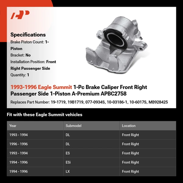 1993-1996 Eagle Summit 1-Pc Brake Caliper Front Right Passenger Side 1-Piston A-Premium APBC2758