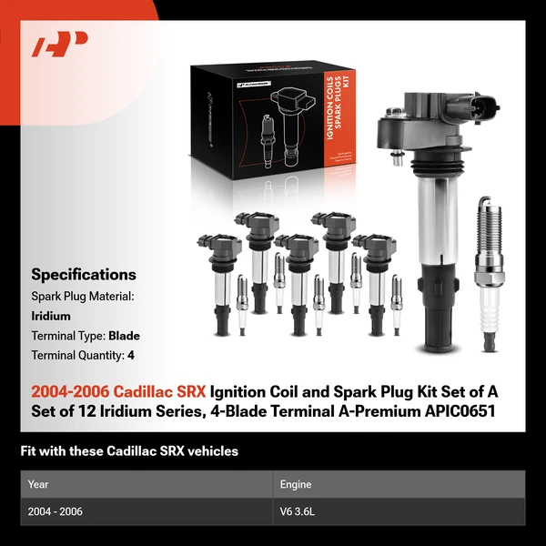 2004-2006 Cadillac SRX Ignition Coil and Spark Plug Kit Set of A Set of 12 Iridium Series, 4-Blade Terminal A-Premium APIC0651