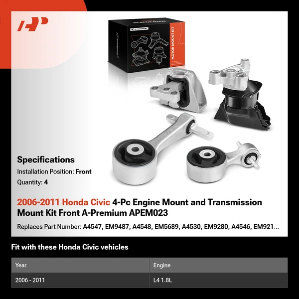 2006-2011 Honda Civic 4-Pc Engine Mount and Transmission Mount Kit Front A-Premium APEM023