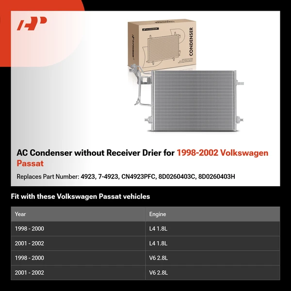AC Condenser without Receiver Drier for 1998-2002 Volkswagen Passat
