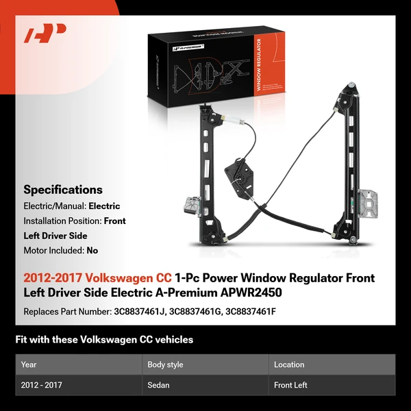 2012-2017 Volkswagen CC 1-Pc Power Window Regulator Front Left Driver Side Electric A-Premium APWR2450