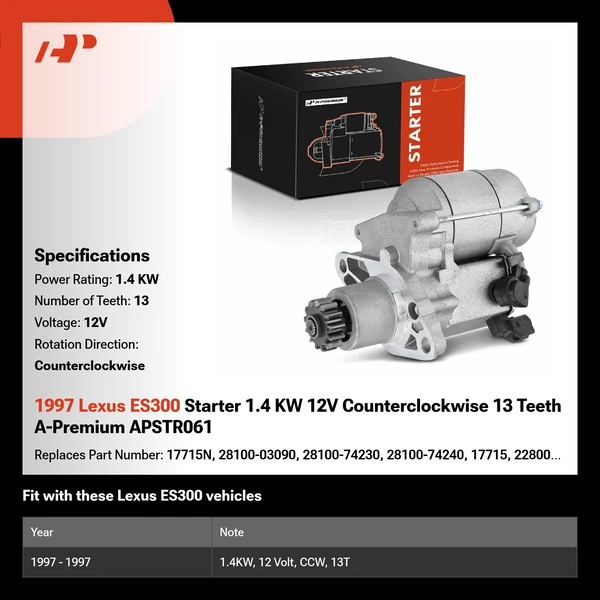 1997 Lexus ES300 Starter 1.4 KW 12V Counterclockwise 13 Teeth A-Premium APSTR061