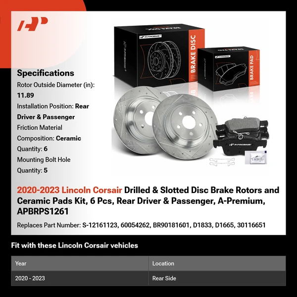 2020-2023 Lincoln Corsair Drilled & Slotted Disc Brake Rotors and Ceramic Pads Kit, 6 Pcs, Rear Driver & Passenger, A-Premium, APBRPS1261
