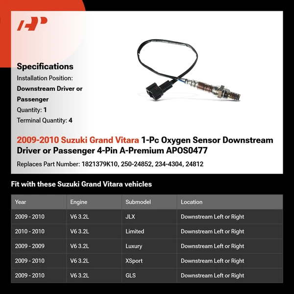 2009-2010 Suzuki Grand Vitara 1-Pc Oxygen Sensor Downstream Driver or Passenger 4-Pin A-Premium APOS0477