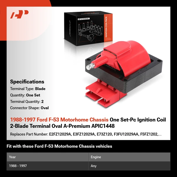 1988-1997 Ford F-53 Motorhome Chassis One Set-Pc Ignition Coil 2-Blade Terminal Oval A-Premium APIC1448