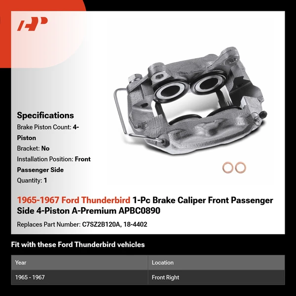 1965-1967 Ford Thunderbird 1-Pc Brake Caliper Front Passenger Side 4-Piston A-Premium APBC0890