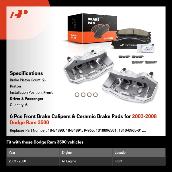 6 Pcs Front Brake Calipers & Ceramic Brake Pads for 2003-2008 Dodge Ram 3500