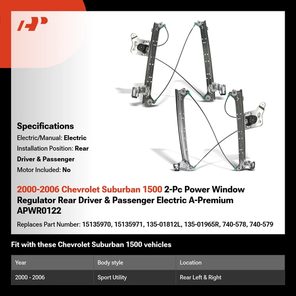 2000-2006 Chevrolet Suburban 1500 2-Pc Power Window Regulator Rear Driver & Passenger Electric A-Premium APWR0122