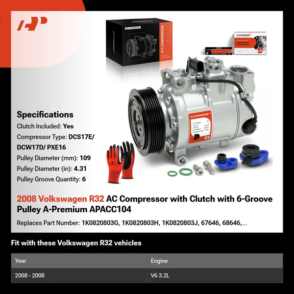 2008 Volkswagen R32 AC Compressor with Clutch with 6-Groove Pulley A-Premium APACC104