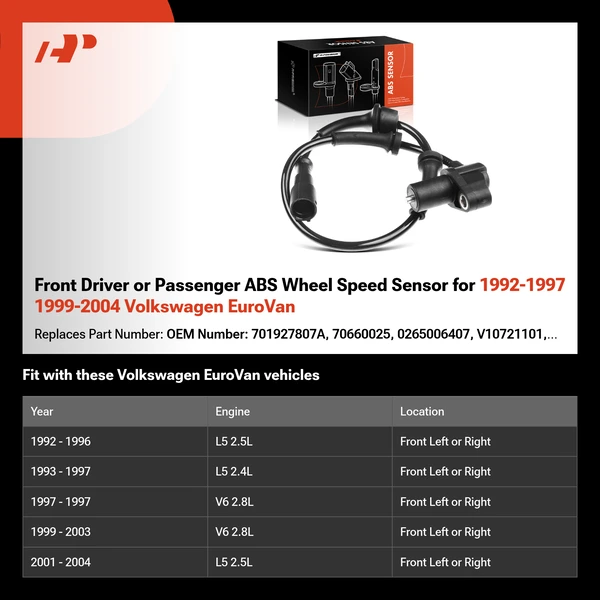 Front Driver or Passenger ABS Wheel Speed Sensor for 1992-1997 1999-2004 Volkswagen EuroVan