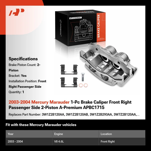 2003-2004 Mercury Marauder 1-Pc Brake Caliper Front Right Passenger Side 2-Piston A-Premium APBC1715