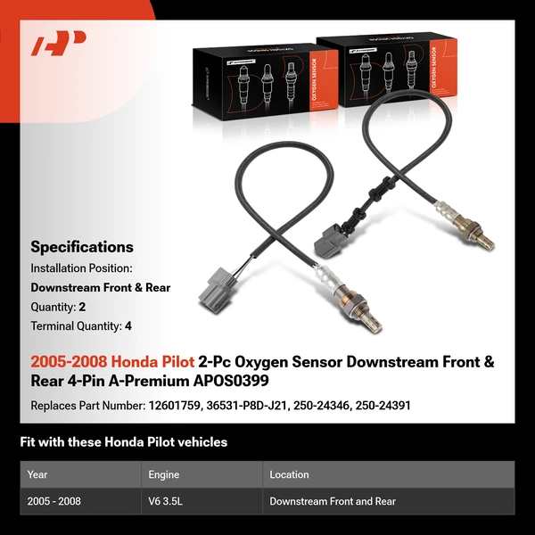 2005-2008 Honda Pilot 2-Pc Oxygen Sensor Downstream Front & Rear 4-Pin A-Premium APOS0399