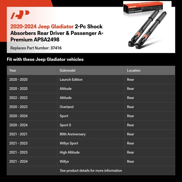 2020-2024 Jeep Gladiator 2-Pc Shock Absorbers Rear Driver & Passenger A-Premium APSA2498