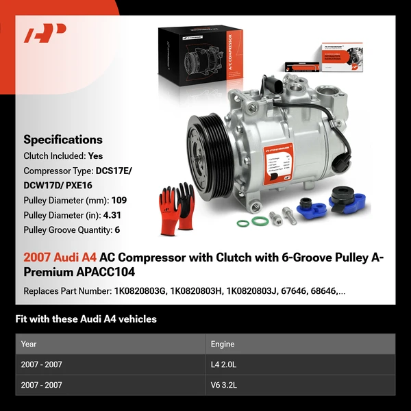 2007 Audi A4 AC Compressor with Clutch with 6-Groove Pulley A-Premium APACC104