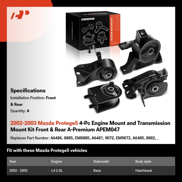 2002-2003 Mazda Protege5 4-Pc Engine Mount and Transmission Mount Kit Front & Rear A-Premium APEM047