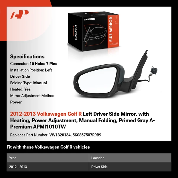 2012-2013 Volkswagen Golf R Left Driver Side Mirror, with Heating, Power Adjustment, Manual Folding, Primed Gray A-Premium APMI1010TW