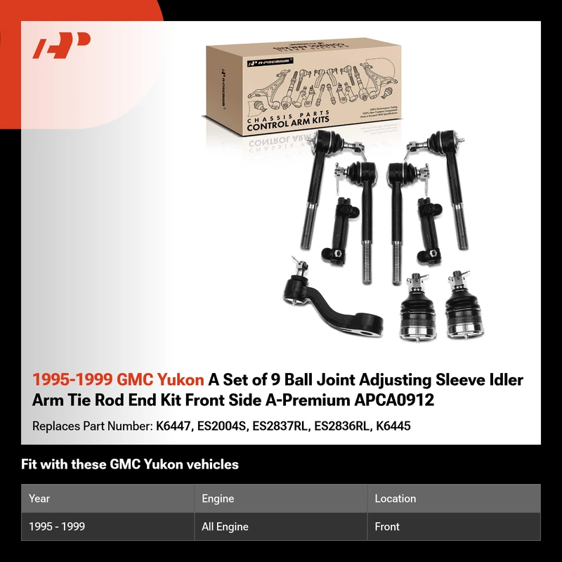 1995-1999 GMC Yukon A Set of 9 Ball Joint Adjusting Sleeve Idler Arm Tie Rod End Kit Front Side A-Premium APCA0912
