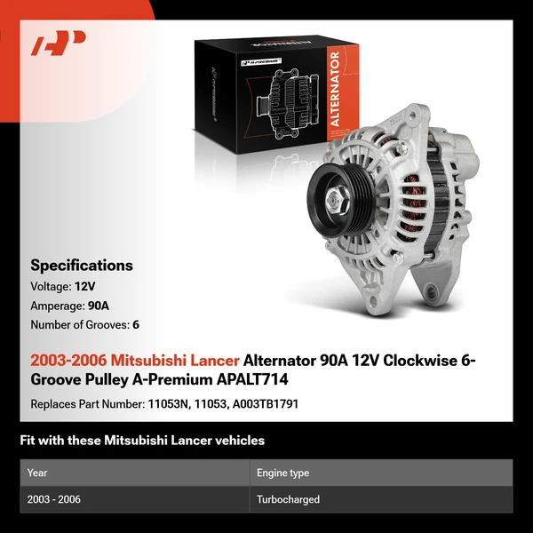 2003-2006 Mitsubishi Lancer Alternator 90A 12V Clockwise 6-Groove Pulley A-Premium APALT714