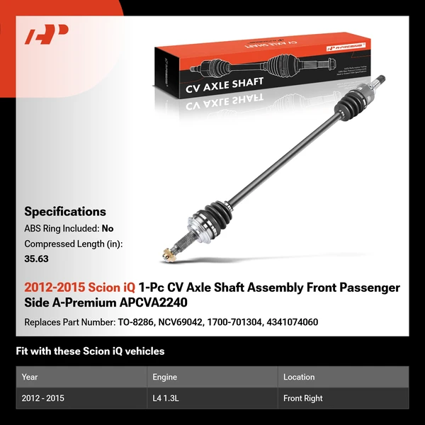 2012-2015 Scion iQ 1-Pc CV Axle Shaft Assembly Front Passenger Side A-Premium APCVA2240