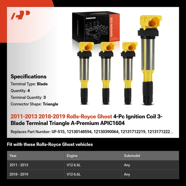 2011-2013 2018-2019 Rolls-Royce Ghost 4-Pc Ignition Coil 3-Blade Terminal Triangle A-Premium APIC1604