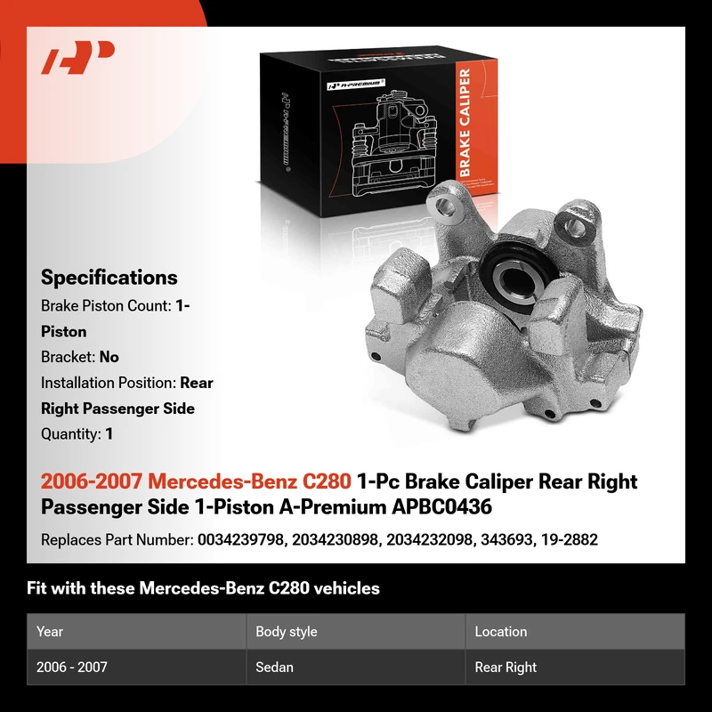 2006-2007 Mercedes-Benz C280 1-Pc Brake Caliper Rear Right Passenger Side 1-Piston A-Premium APBC0436