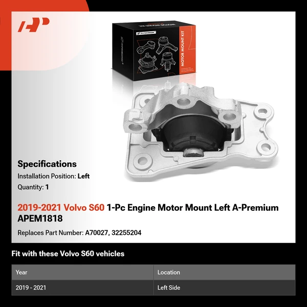 2019-2021 Volvo S60 1-Pc Engine Motor Mount Left A-Premium APEM1818