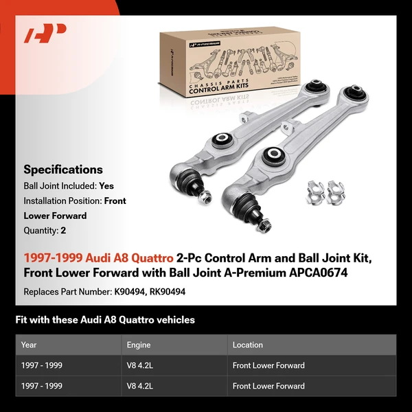 1997-1999 Audi A8 Quattro 2-Pc Control Arm and Ball Joint Kit, Front Lower Forward with Ball Joint A-Premium APCA0674
