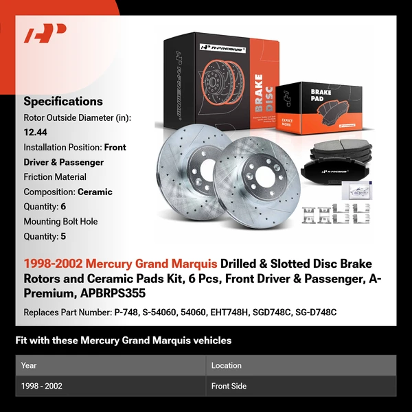 1998-2002 Mercury Grand Marquis Drilled & Slotted Disc Brake Rotors and Ceramic Pads Kit, 6 Pcs, Front Driver & Passenger, A-Premium, APBRPS355