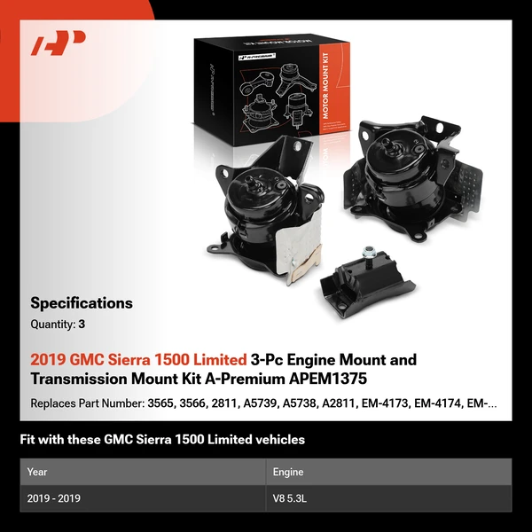 2019 GMC Sierra 1500 Limited 3-Pc Engine Mount and Transmission Mount Kit A-Premium APEM1375
