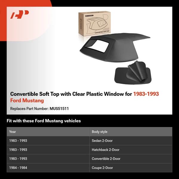 Convertible Soft Top with Clear Plastic Window for 1983-1993 Ford Mustang