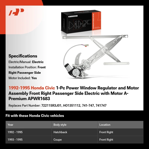 1992-1995 Honda Civic 1-Pc Power Window Regulator and Motor Assembly Front Right Passenger Side Electric with Motor A-Premium APWR1683
