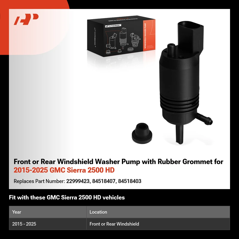 Front or Rear Windshield Washer Pump with Rubber Grommet for 2015-2025 GMC Sierra 2500 HD