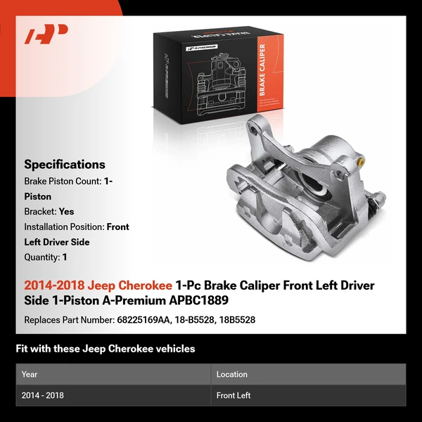 2014-2018 Jeep Cherokee 1-Pc Brake Caliper Front Left Driver Side 1-Piston A-Premium APBC1889