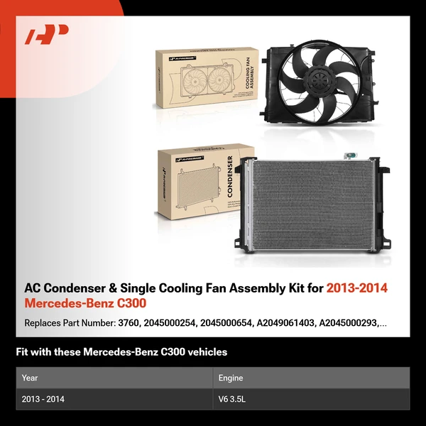 AC Condenser & Single Cooling Fan Assembly Kit for 2013-2014 Mercedes-Benz C300