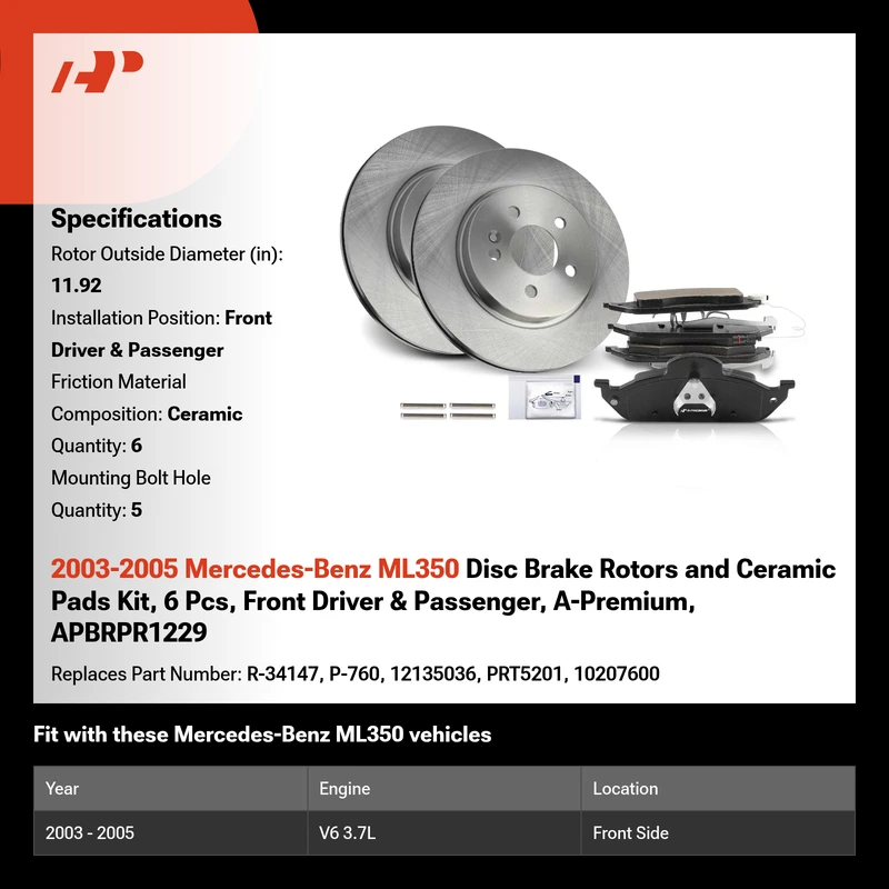2003-2005 Mercedes-Benz ML350 Disc Brake Rotors and Ceramic Pads Kit, 6 Pcs, Front Driver & Passenger, A-Premium, APBRPR1229