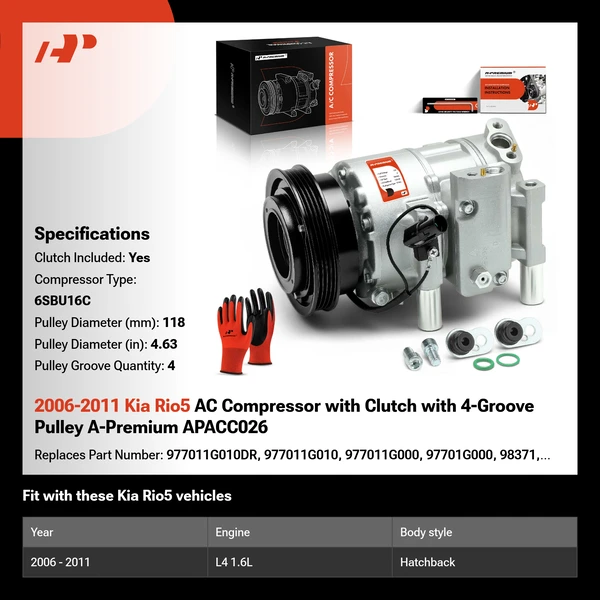 2006-2011 Kia Rio5 AC Compressor with Clutch with 4-Groove Pulley A-Premium APACC026
