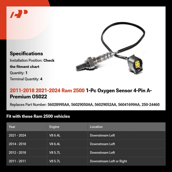 2011-2018 2021-2024 Ram 2500 1-Pc Oxygen Sensor 4-Pin A-Premium OS022